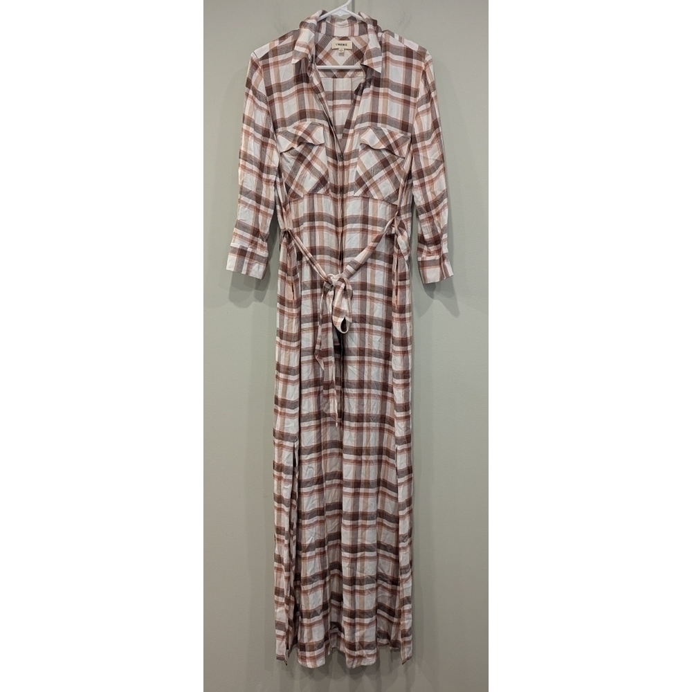 L'Agence Cameron Plaid Long Shirt Dress Tie Waist Size XS Tall